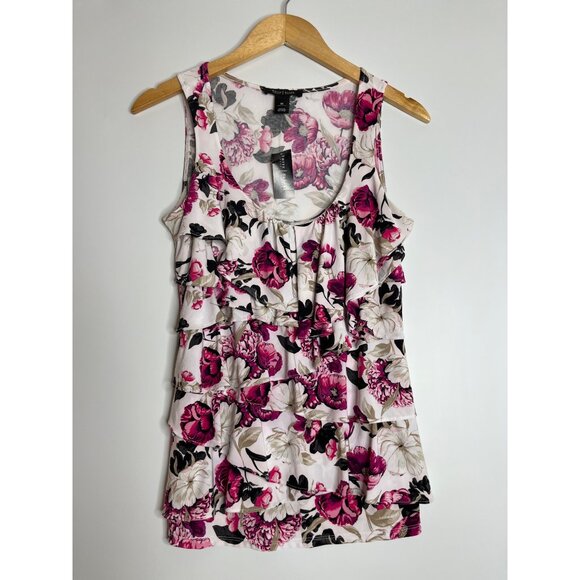 White House Black Market Tops - White House Black Market‎ Garden of Youth Shell Black Pink Floral Ruffle Medium